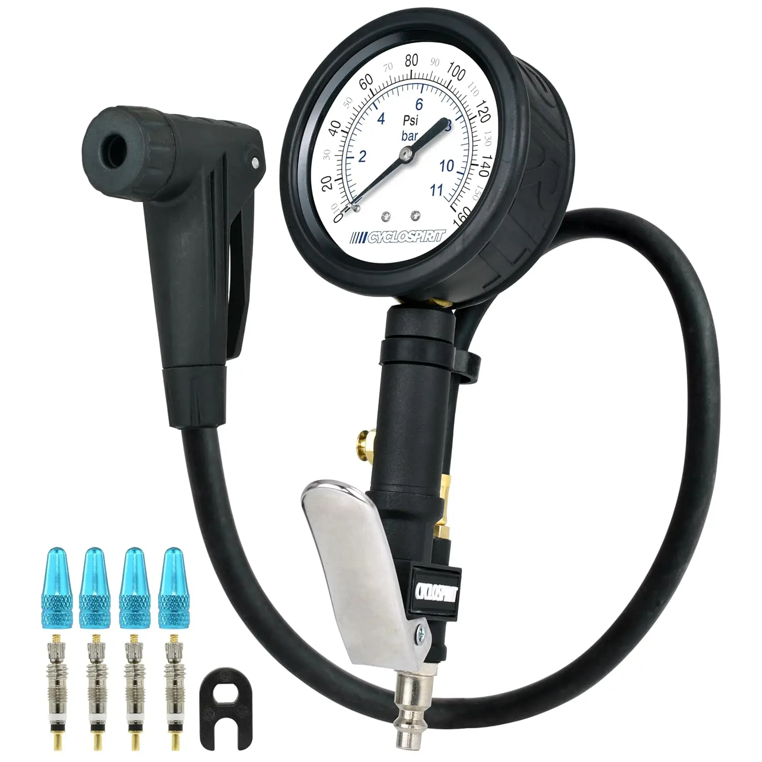 

Presta and Schrader Inflator for Air Compressors, Autoselect Chuck with Dial Display - 160 PSI, no Batteries Required
