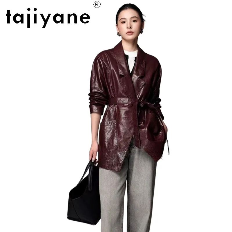 TAJIYANE Real Oil-Waxed Goatskin Jackets Woman Mid-Length Genuine Leather Jacket Fashion Belted Coat 2025 Fall Clothes дубленка
