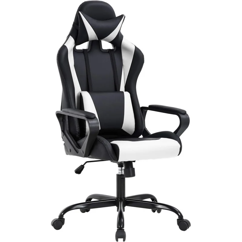 Silla de carreras Silla de trabajo de escritorio de PU Silla ergonómica ejecutiva giratoria con soporte lumbar para dolor de espalda mujeres, hombres, blanco