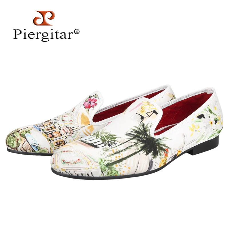 Piergitar Tropical Rainforest Pattern Printed Satin Slip-On Loafers Classic Style Handmade Men's Smoking Slippers For Beach Wear