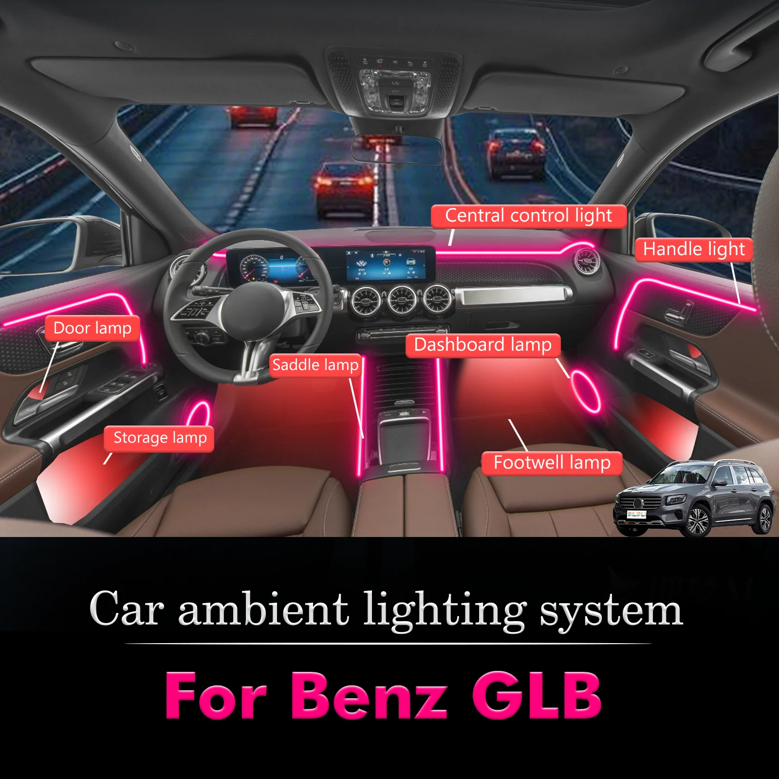 

For Benz GLB Car Interior Mood Ambient Light RGB 64-Color LED Smart Remote Control Atmosphere Lamp Energy Saving Kit