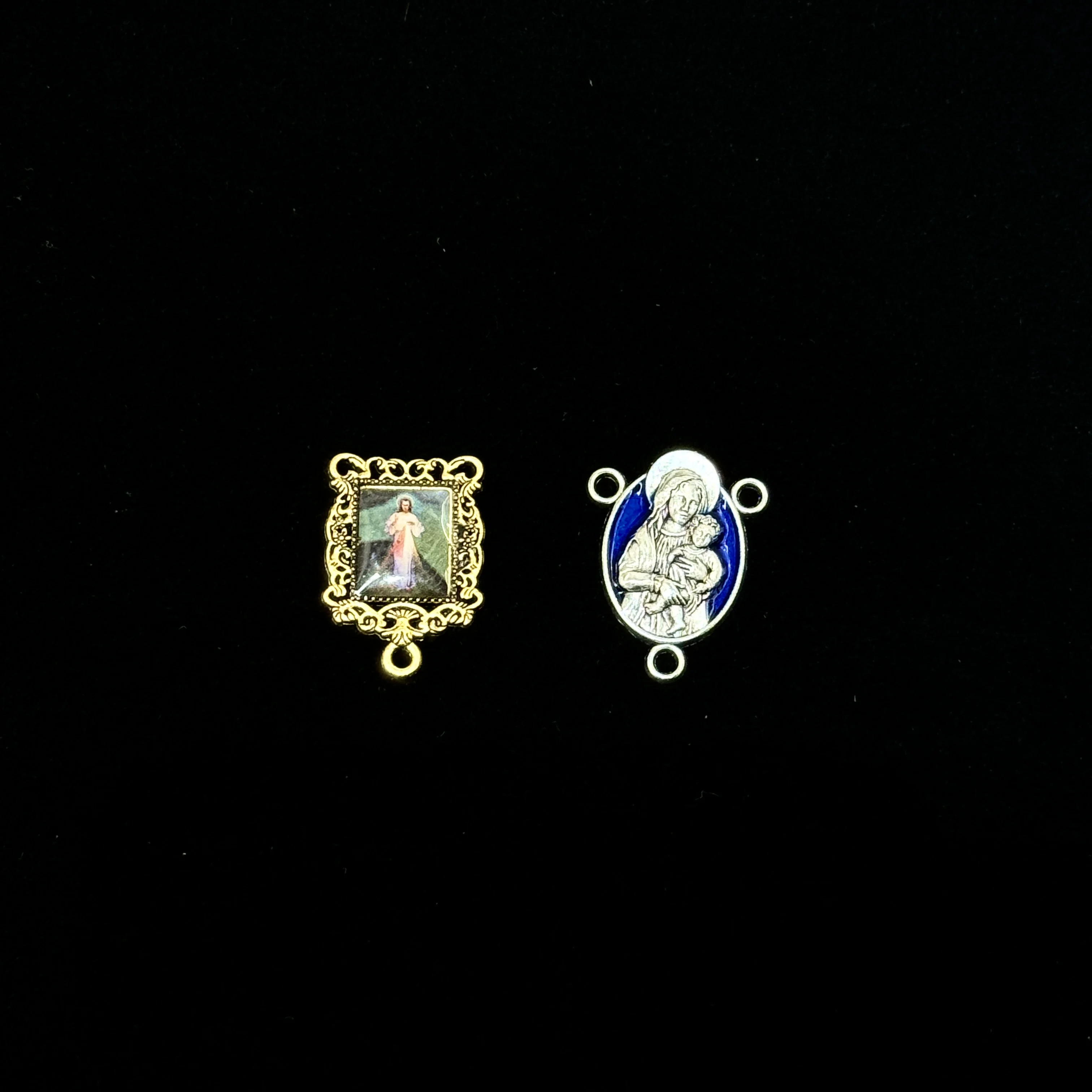 10Pcs Three Loop Oval Blue Enamel Madonna & Child Connector Charms Silver Dual-Sided Three-Strand Rosary Link Pendants