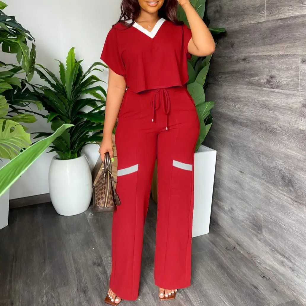 Two Piece Set Women V-neck Short Sleeve Top & DrawString Wide Leg Pants Casual Summer Elegant Matching Sets Tracksuit Outfits