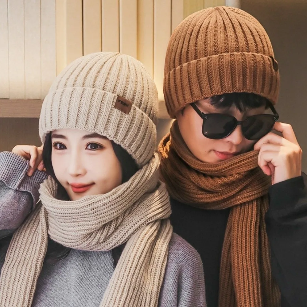 2 個セットファッション防風ニット帽子スカーフ厚みのあるソフトメンズ帽子シンプルなぬいぐるみ暖かいスカーフ屋外