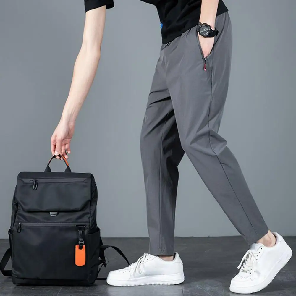 Trendy Drawstring Pants Solid Color Protective Polyester Summer Men Long Pants