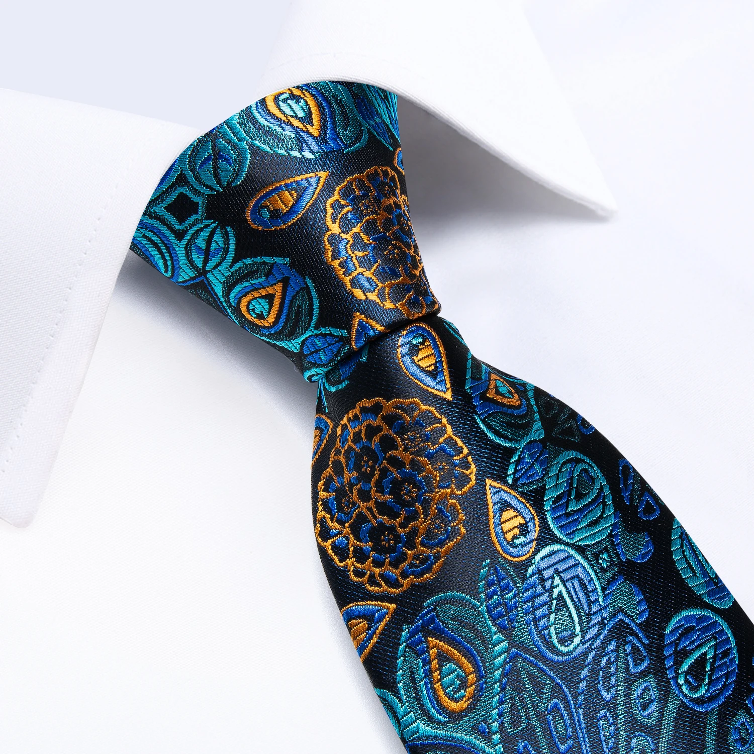 Peacock Blue Floral Men Tie Handkerchief Cufflinks Set Jacquard Necktie for Man Male Wedding Business Ties Formal Casual Gift