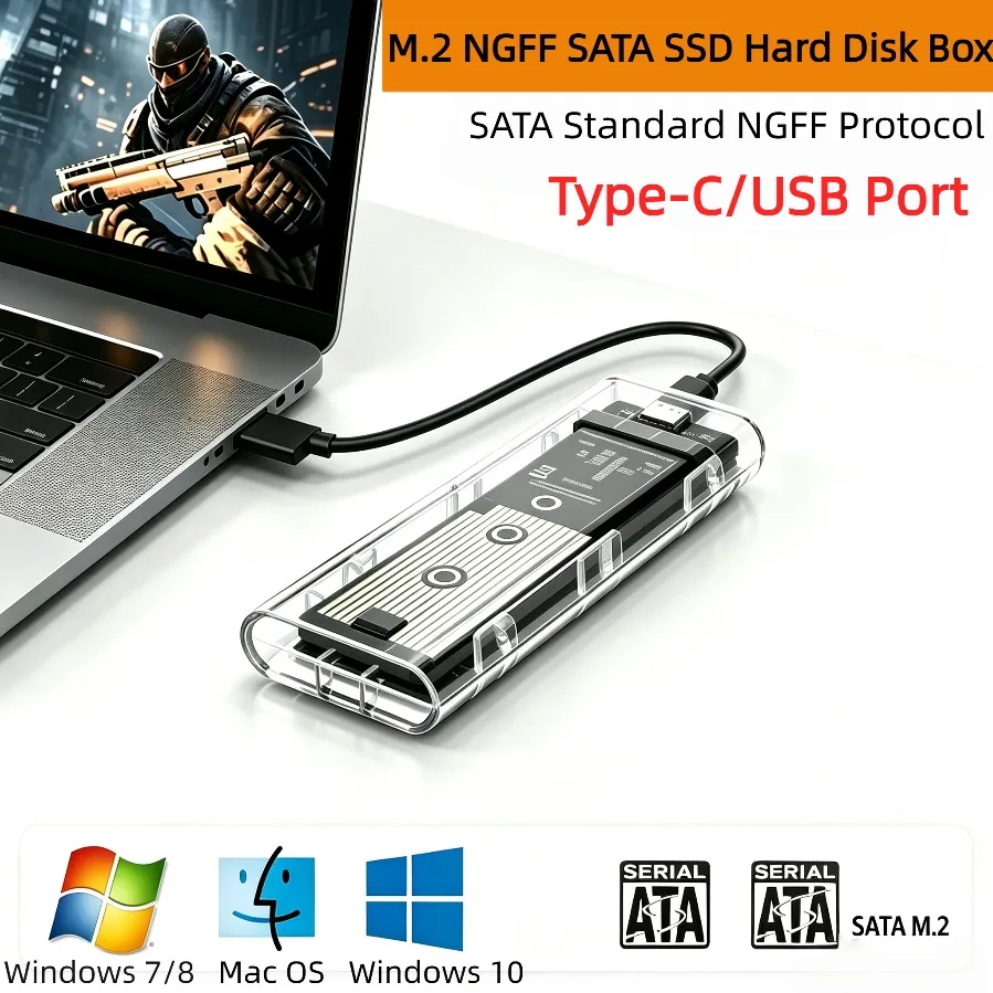 M.2 High-Speed Hard Drive Box NGFF SATA SSD Protocol Type-C/USB Transparent External Enclosure Hard Disk Adapter B/(B+M) Key