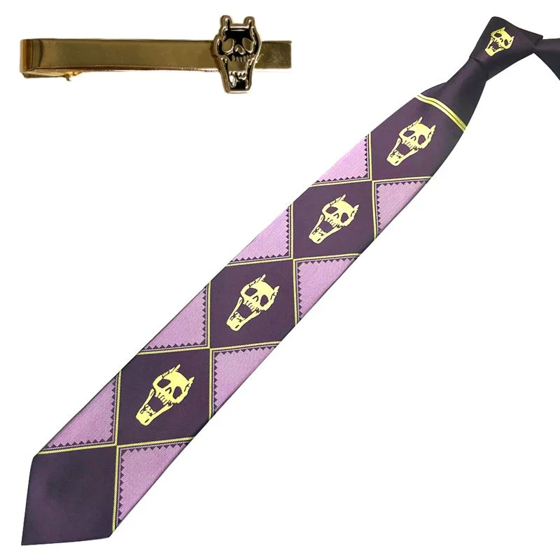 Japanese-Style Jojo Kira Yoshikage Exclusive Tie, Bizarre Adventure Anime Skull Design, Gold Style, Includes Tie Clip