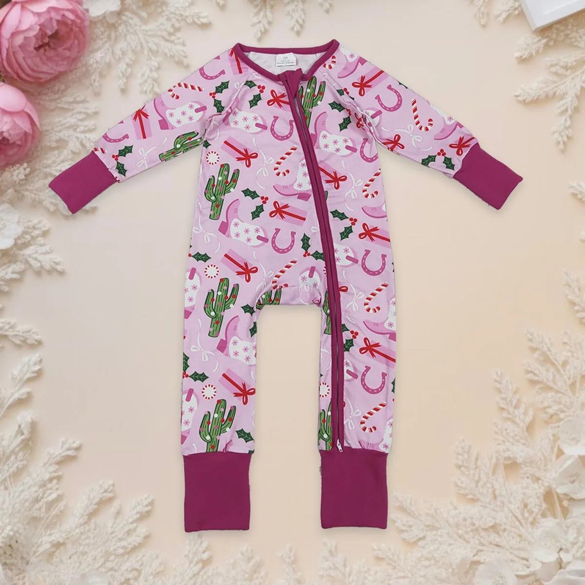 

Newborn Bodysuit Baby Girl Long Sleeve Western Boots Two Way Zipper Footie Rompers Children Toddler One Piece Christmas Jumpsuit