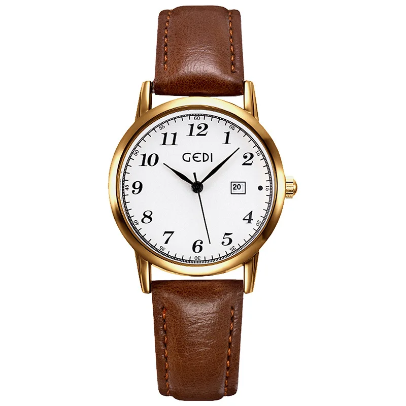 GEDI Women's Watch Retro Leather Strap Round Digital Dial Calendar Waterproof Lady's Quartz Wristwatch