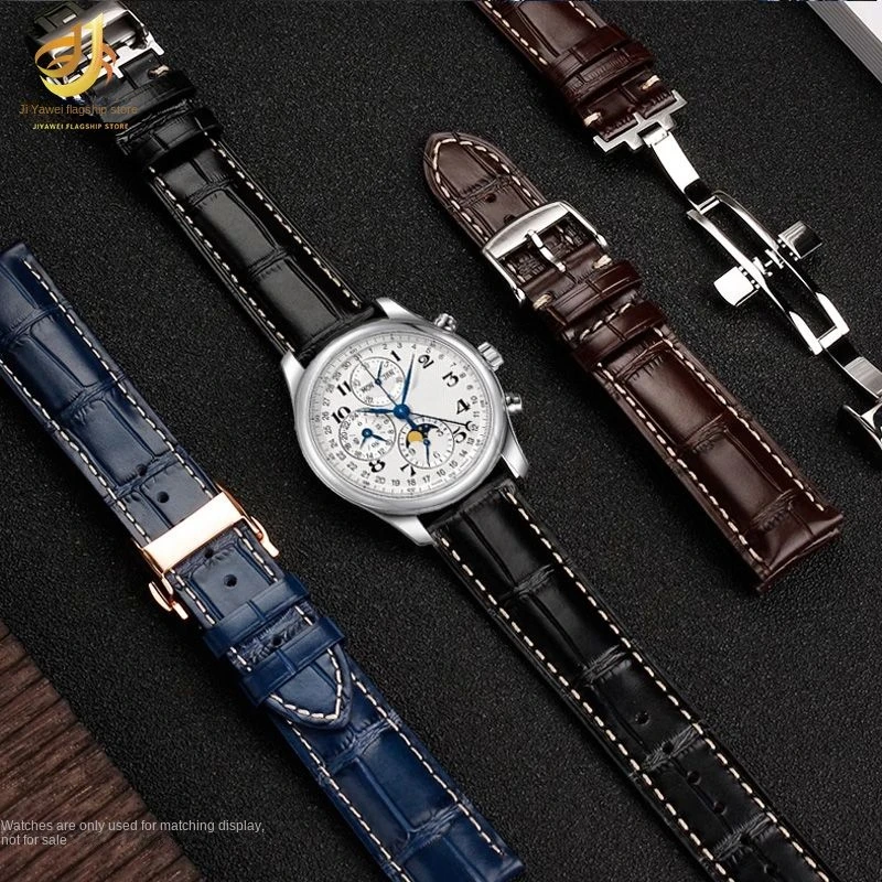 19mm 20mm 21mm genuine leather craftsman watch strap For Longines moon phase Comcast blue cowhide watch band butterfly buckle