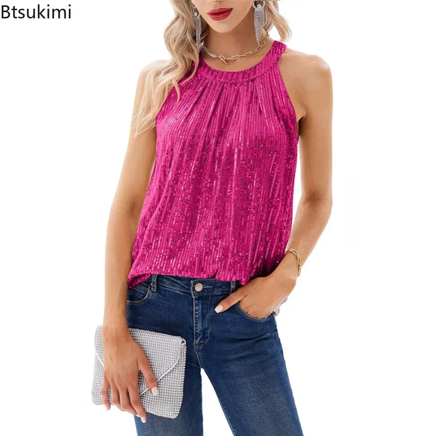 2025 Women's Summer Sequin Suspender Vest Shirts Party Club Sexy Tank Tops Female Hollow Out Halt Neck Women's Party Clothing