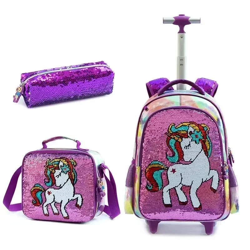 School Backpack with Wheels Rolling Trolley for Girls Set Bags Sequin Bag with Lunch Box Pencil Cases for Elementary Students