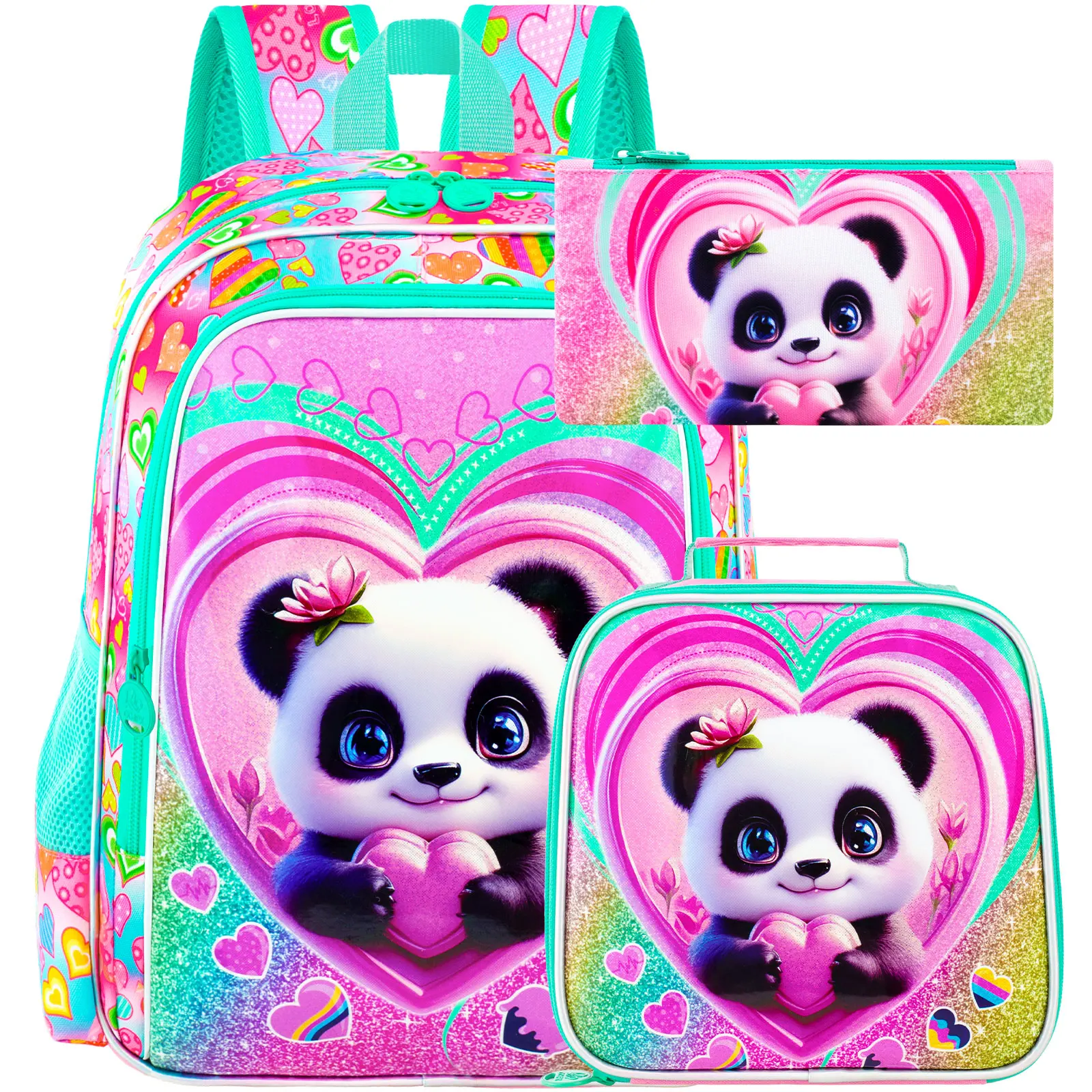 3PCS Kid's backpack for girls cute panda heart print set, includes handbag and pen pouch, lightweight school backpack for daily