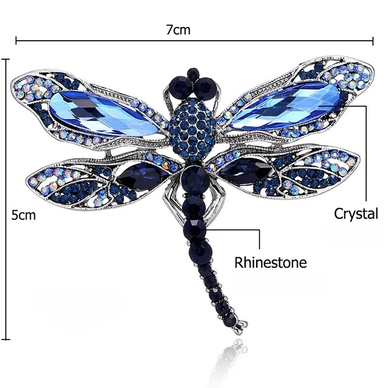 1 broche de libélula vintage de cristal azul para mujer, accesorios de moda para abrigos con diseño de insecto, joyería de animales