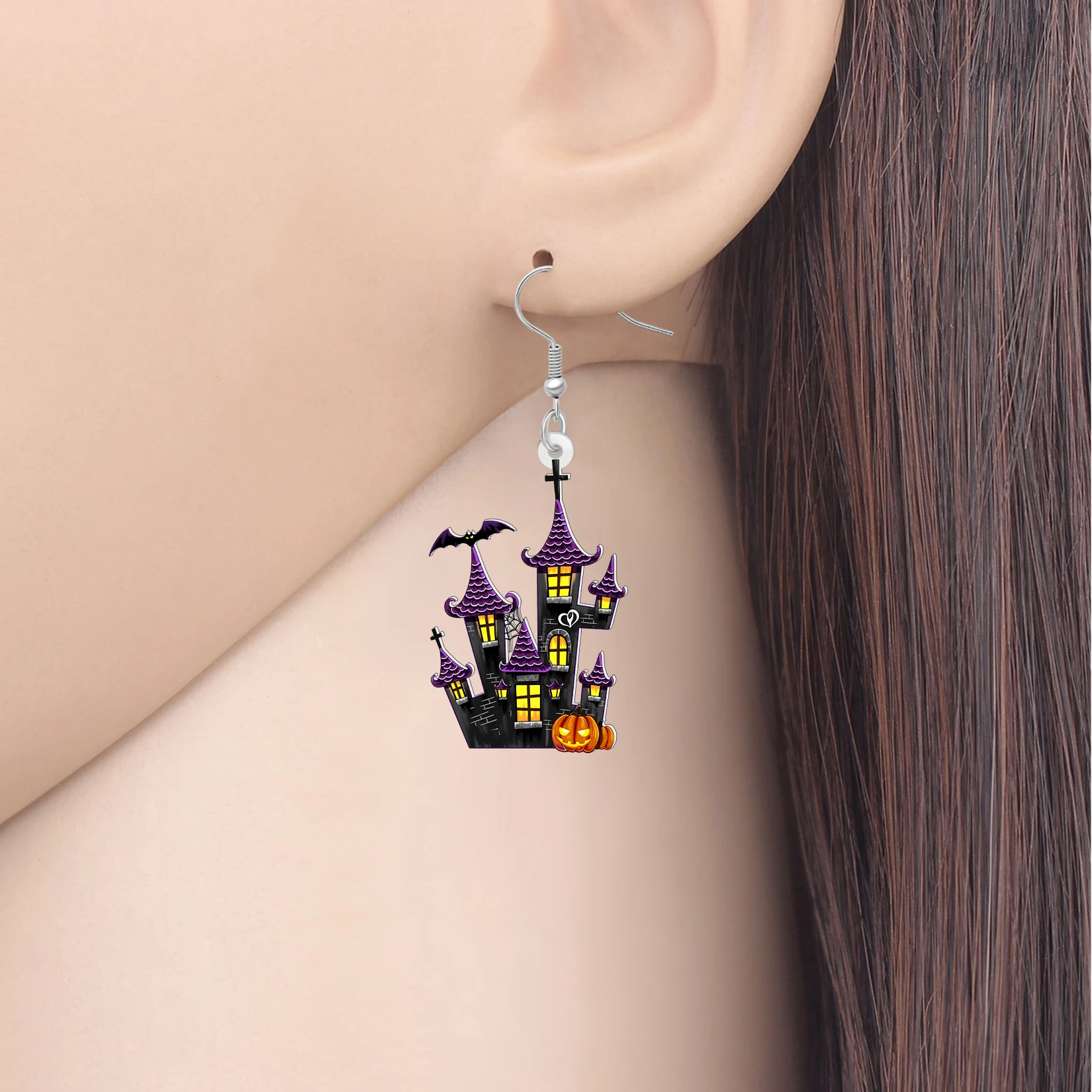 BONSNY Acrylic Halloween Haunted House Earrings Horror Bat Castle  Dangle Dark Gothic Jewelry Gifts For Women Costume Charms