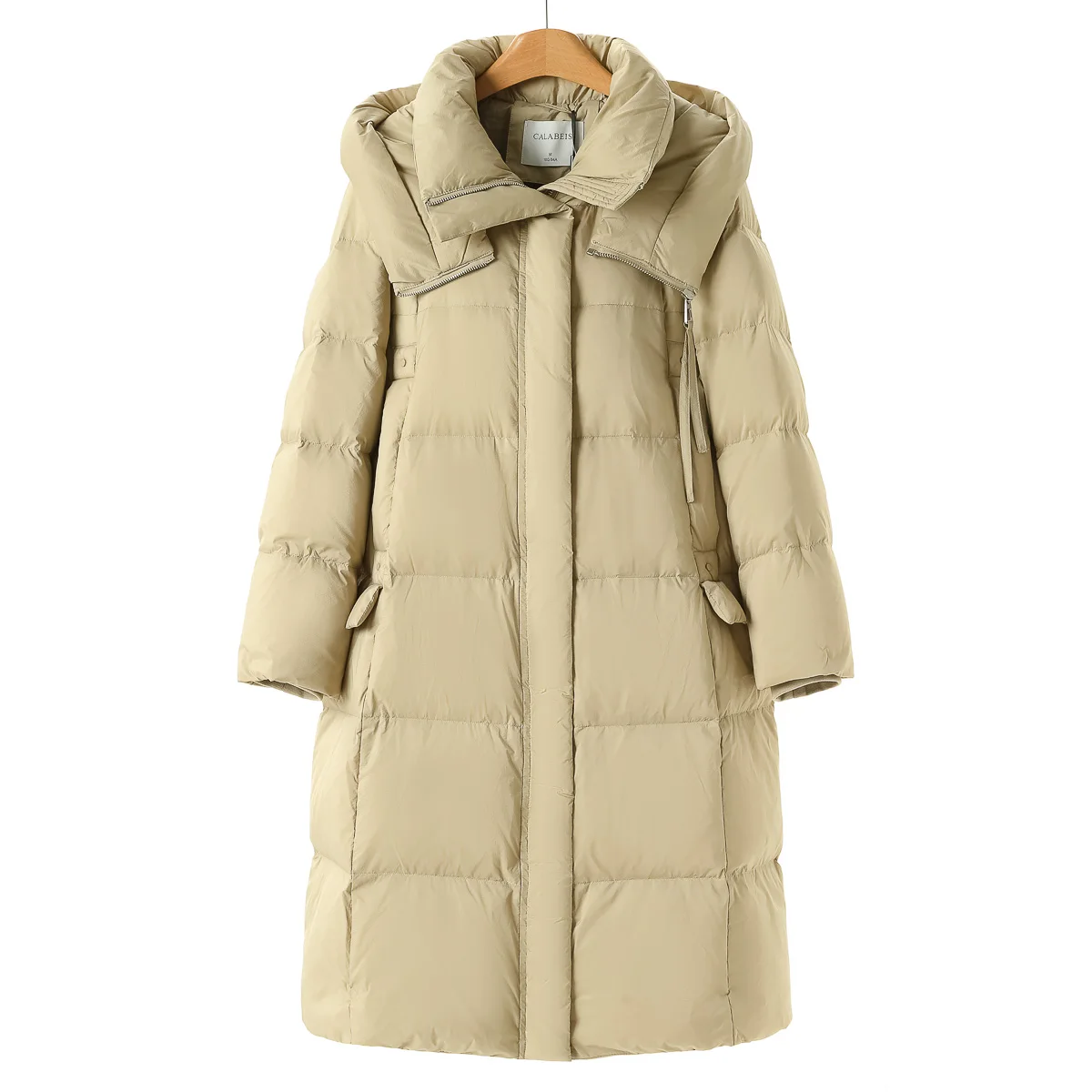 Long Hooded Stand Collar  Color down Jaet Winter Warm Commute Sle Nylon Fabric White Du Feather Filling Zipper Clo...