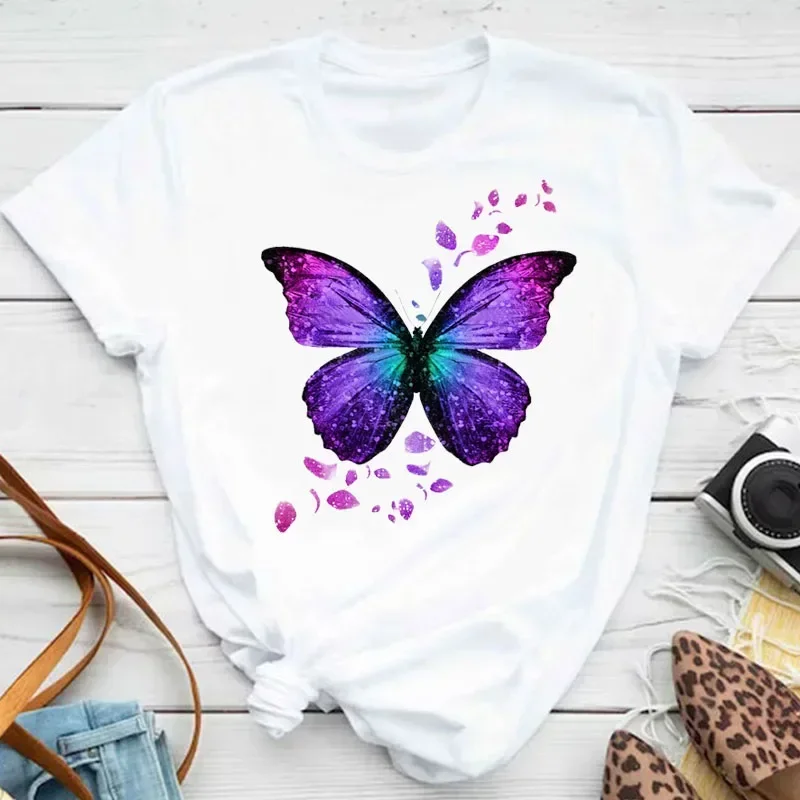T-shirt manches courtes col rond femme, estival et à la mode, avec imprimé pétale de papillon coloré, mignon