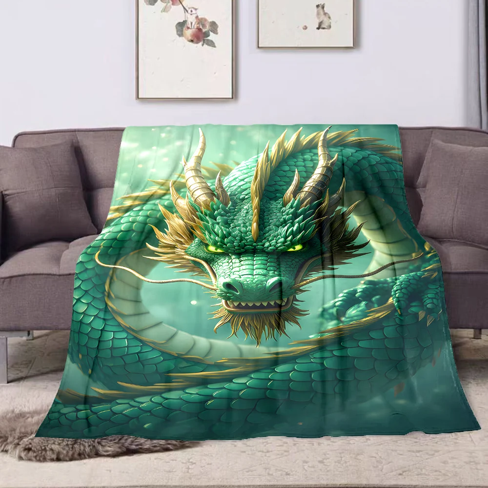 

1PC Green dragon coiling upward printed blanket all seasons multi-purpose blanket suitable for sofa, camping, travel, car