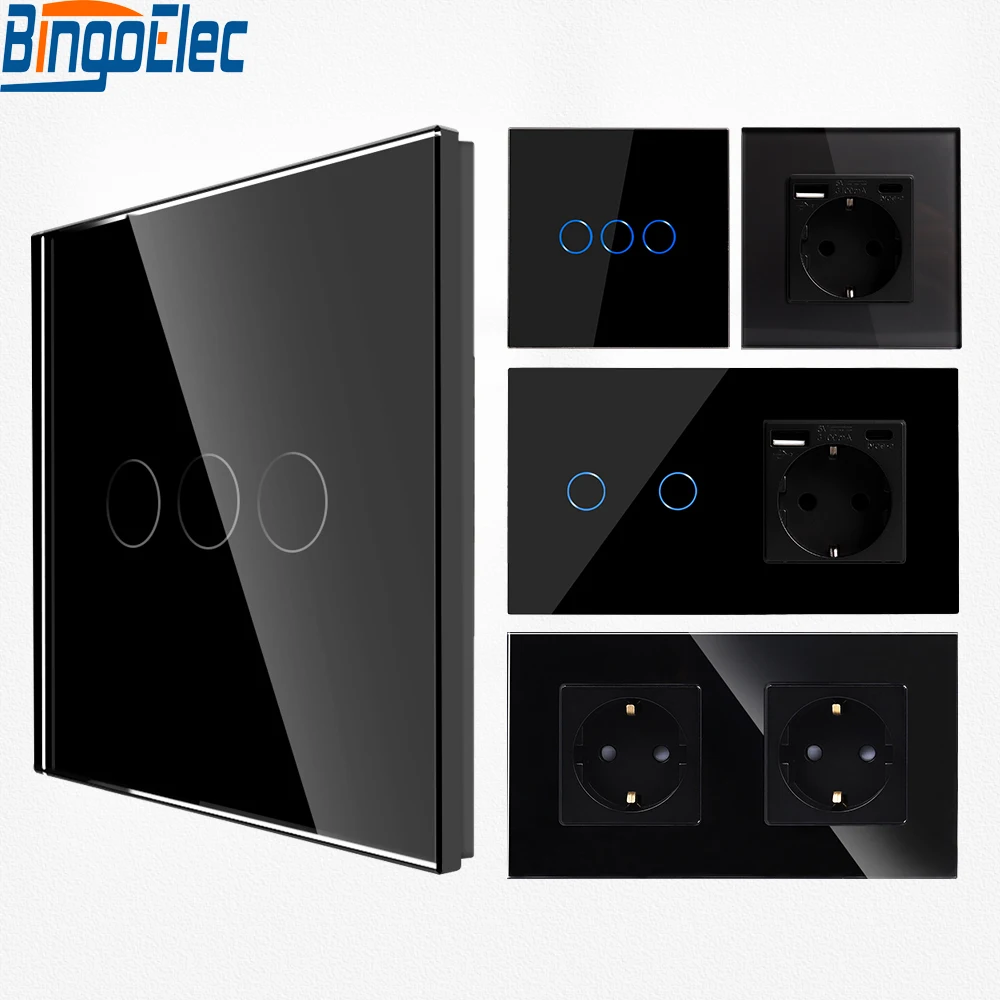 Bingoelec Touch Light Switch 220v Led Wall Switch 1/2/3Gang 1Way Glass EU Socket Type-c USB Sockets Double Power Outlets Black