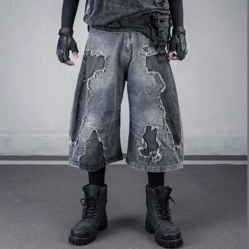 HKSH Spring New Men Tide Punk Unique Distressed Heavy Washed Retro Patchwork Embroidered Raw Edge Cropped Wide-Leg Jeans HK25052