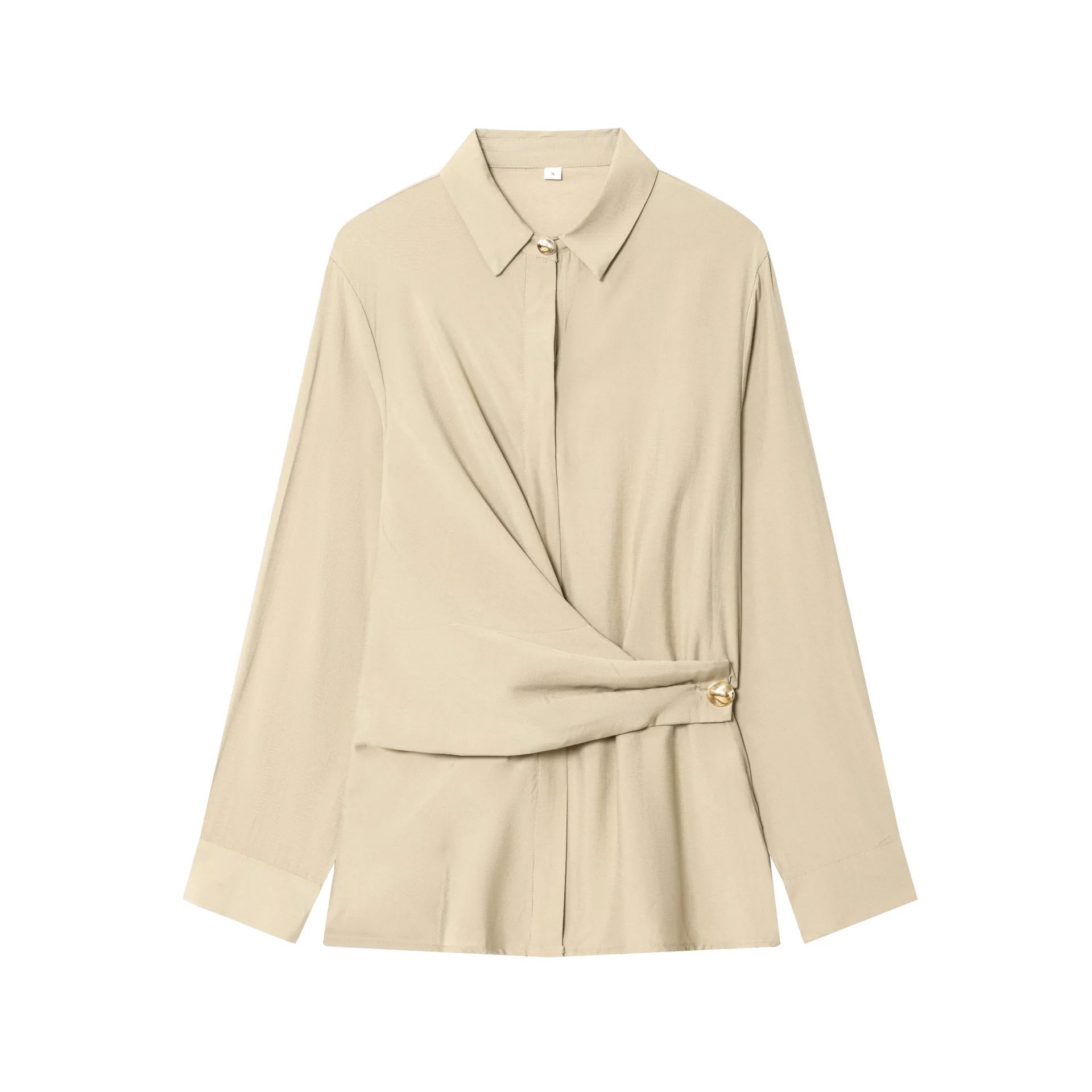 

New Off White Double Front Twist Knot Decoration Gold Button Long Sleeve Shirt Wide Leg Pants Two Piece Set Women Casual Outfit