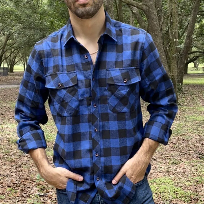 Fall Men\'s Flannel Plaid Long-Sleeved Casual Button Shirt USA Regular Fit Size S To 2XL, Classic Checkered, Double Pocket Design