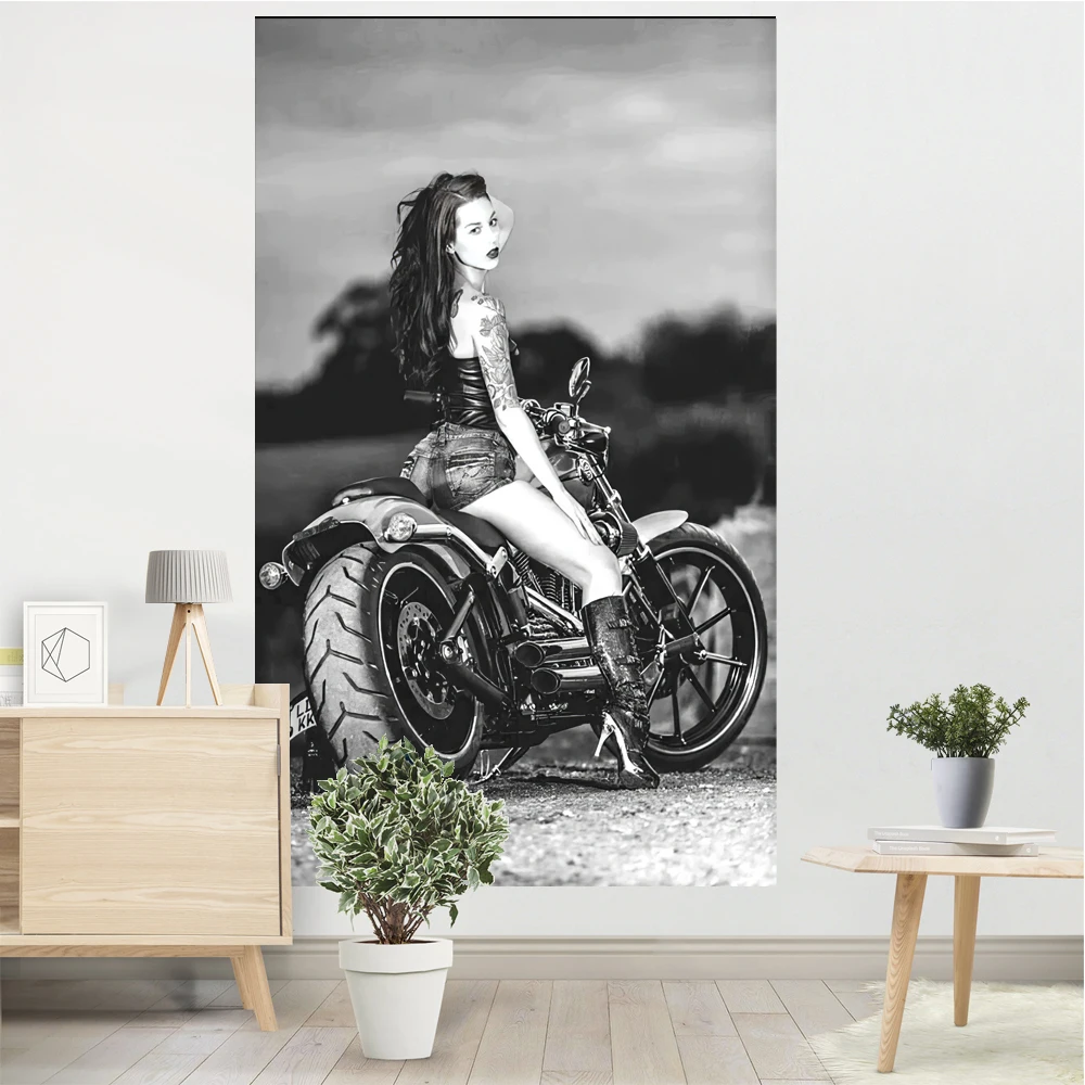 

Handsome Female Motorcycle Rider Tastries Motorcycle Works Poster Wall Art Deco Advertising Vintage Logo Bar Club