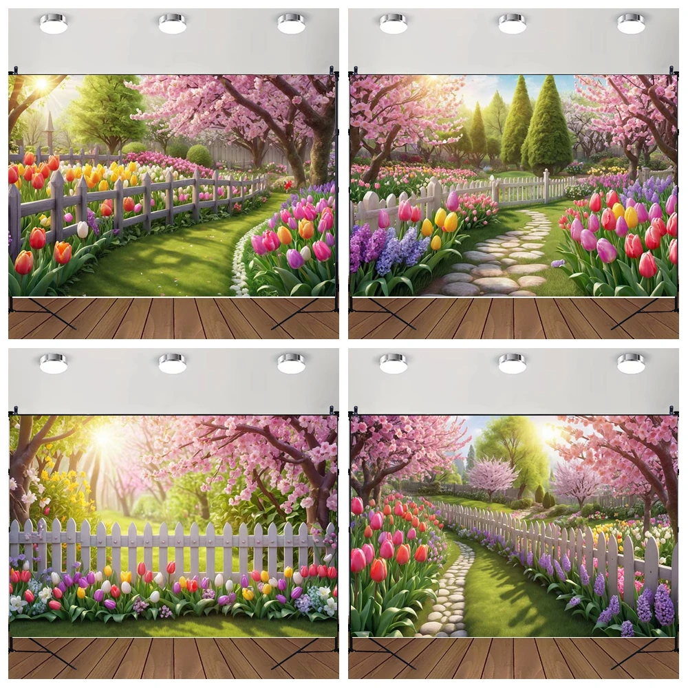 

MOON.QG Garden Backdrops For Photography Cherry Blossom Canopy Path Spring Background Children Birthday Shooting Props Photozone