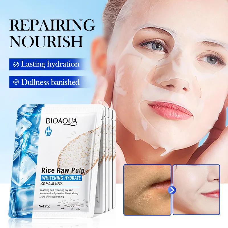 5pcs BIOAQUA Rice Raw Pulp Face Mask Hydrating Brightening Nourishing Moisturizing Ice Facial Masks Skin Care view 2