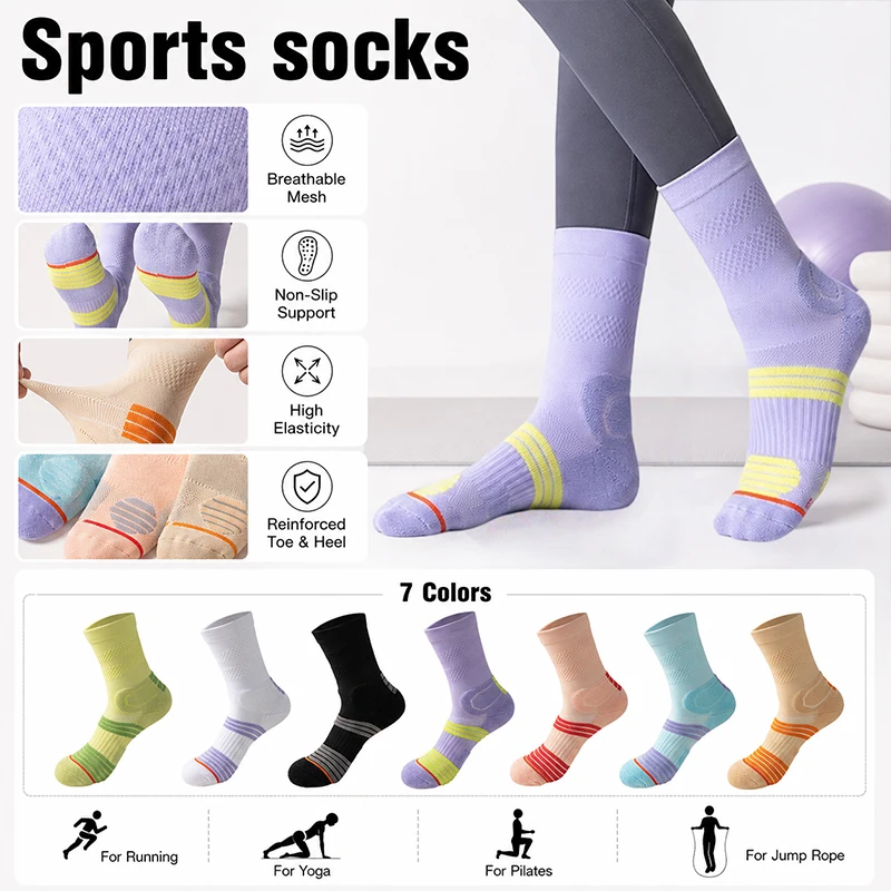5pair Women Athletic Crew Socks Breathable Cushioned Sports Socks Non Slip Thickened Socks for Running Gym Fitness Daily Wear