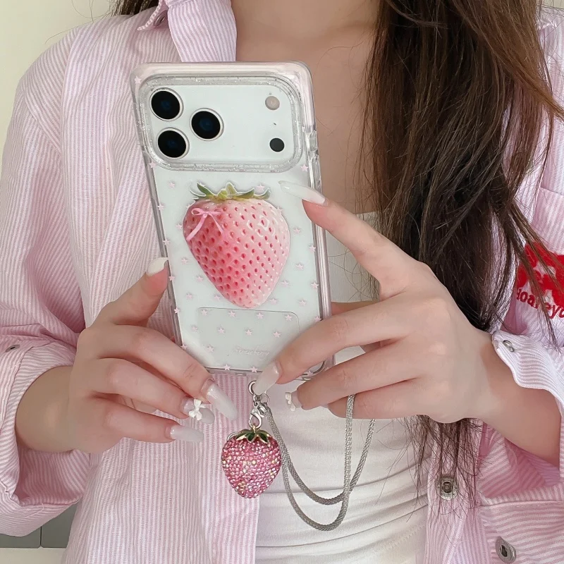 

Korean Clear Little Star Pink Strawberry Square Phone Case For iPhone 17 Pro 16 15 Pro Max Cover with Hand Rope Pendant Cute Cas