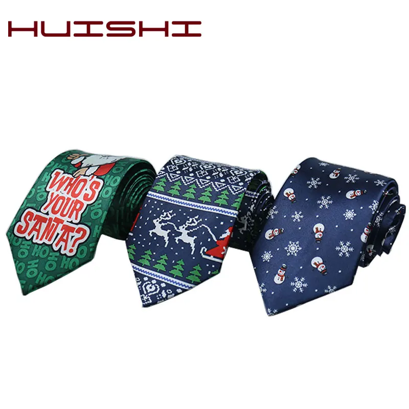 HUISHI 8cm Men's Christmas Tie High-density Blue Green Christmas Tree Elk Snowman Printed Neckties Celebration Party Anime Ties