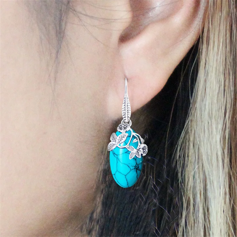 Vintage Eye Shape Synthetic Turquoises Flower Earrings For Women Antique Silver Plated Leaf Plant Fashion Earring