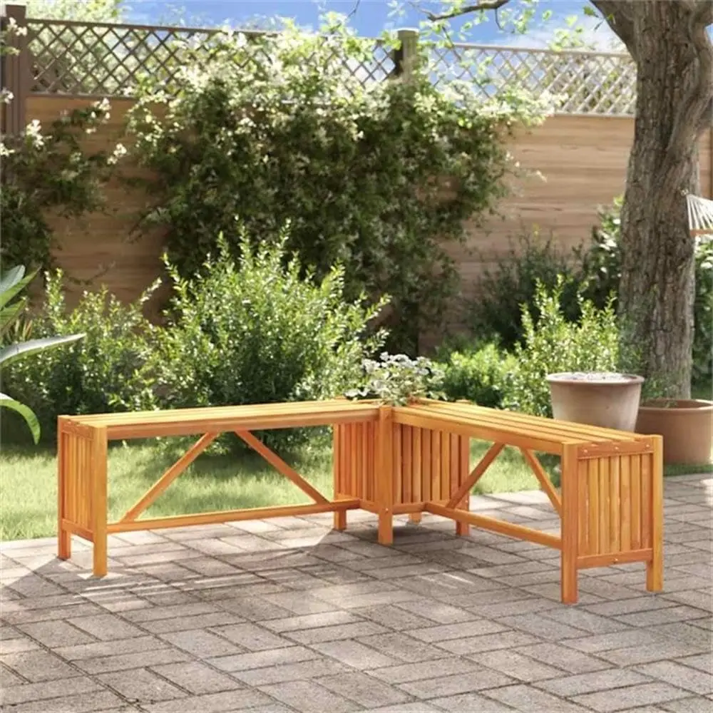 46.1 x 46.1 x 15.7 in Acacia Wood Garden Corner Bench, Oiled Finish, Brown, Integrated Planter Box, Modern Outdoor