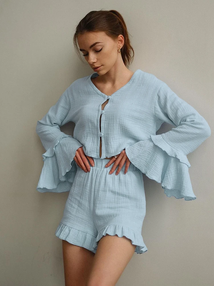 Hiloc Casual Cotton Crape Shorts Pajamas Suits Women Two Pieces Flare Sleeves Shirts Casual Nightwear Outfits Autumn Winter Home