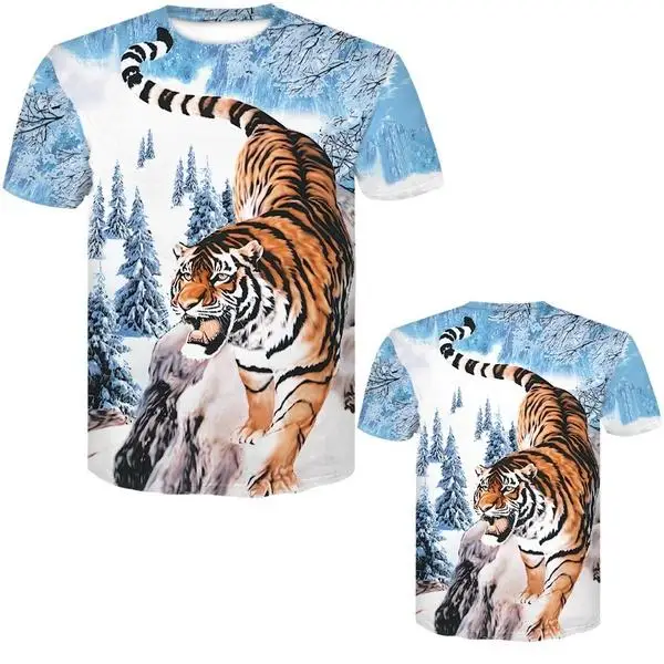 New Adult Men\'s Children\'s 3d Tiger Print Animal Print Short Sleeve T-shirt Hip Hop Harajuku Street Style Sports Thin Top