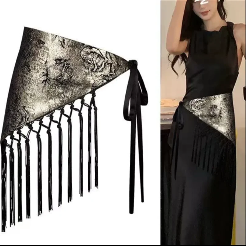 ผ้าพันคอสามเหลี่ยมสำหรับผู้หญิง สายคาดเอวสไตล์ชาติพันธุ์ ลายพิมพ์ตกแต่ง ผ้าฝ้าย เครื่องประดับคาดเอว พู่ห้อยประดับ