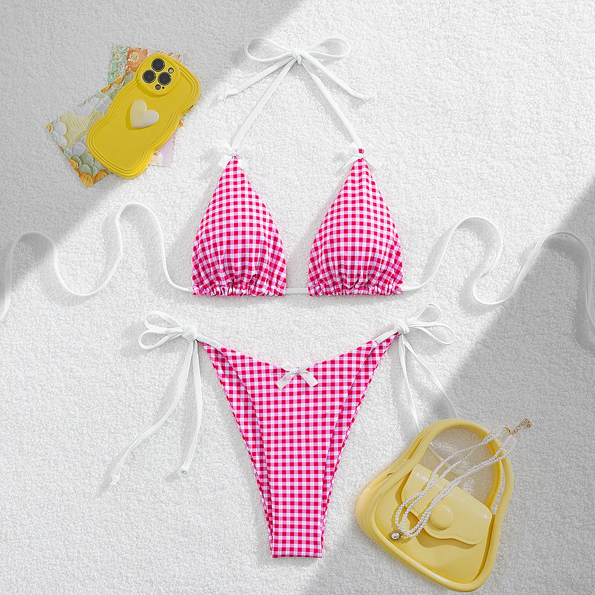 DEKA Brazilian Red Plaid Bikini Set Women Cut Out Swimsuit Print Swimwear High Waist Triangle Micro Two Piece Suit Biuqini Beach