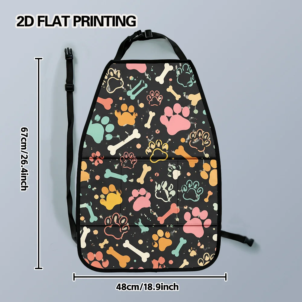 2D Flat, 2pcs Car Seat Kick Mats With Organizer, Car Back Seat Organizer, Premium Colorful Paws And Bones Print Ornamentation, A