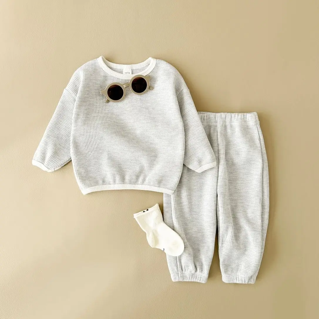 Korean Autumn Baby Clothes Set Cotton Waffle Patched Brand Shirts Suit Solid Loose Stretch Spring Infant Girl Baby Outfit