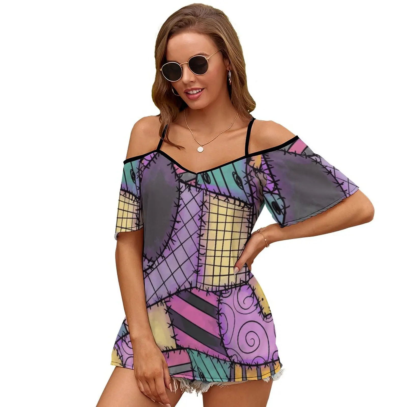 Patchwork Ragdoll Print O-Neck Off-The-Shoulder Top Short-Sleeved T-Shirt Ladies Streetwear Nightmare Sally Patchwork Ed Es