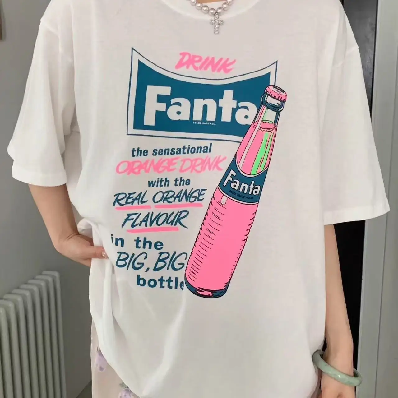 2026 new Women White Crew Neck Cotton T‑Shirt Retro Vintage Soda Bottle Poster Print Loose Oversized Casual Short‑Sleeve Tee