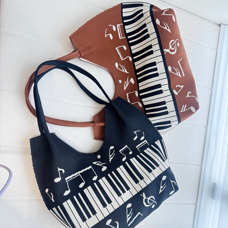 Piano Key Musical Note Print Knitted Shoulder Bag Stylish Creative Large Capacity Tote Bag Casual Commuter Shopping Handbag