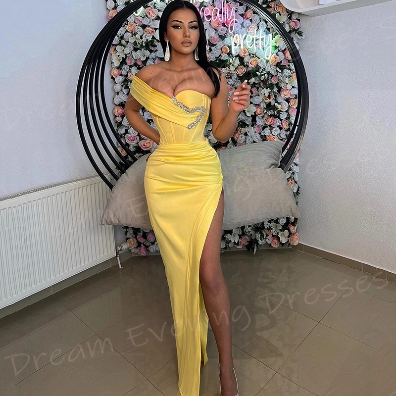 Gorgeous Yellow Women's Mermaid Modern Evening Dresses Sexy One Shoulder Sleeveless Prom Gowns Formal Party Split فساتين سهرة