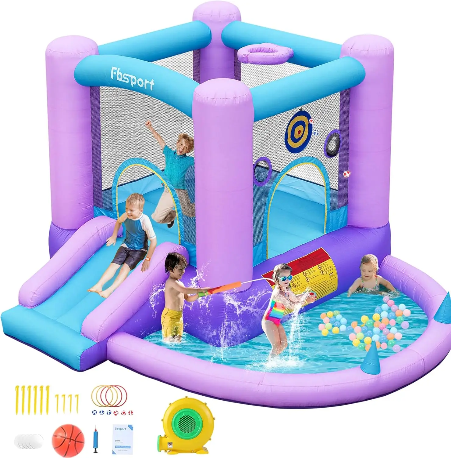 Castillo Inflable para Niños Pequeños con Tobogán, Soplador, Piscina de Pelotas, Aro de Baloncesto, Juego de Dardos - Castillo Hinchable para Interiores y Exteriores, Azul