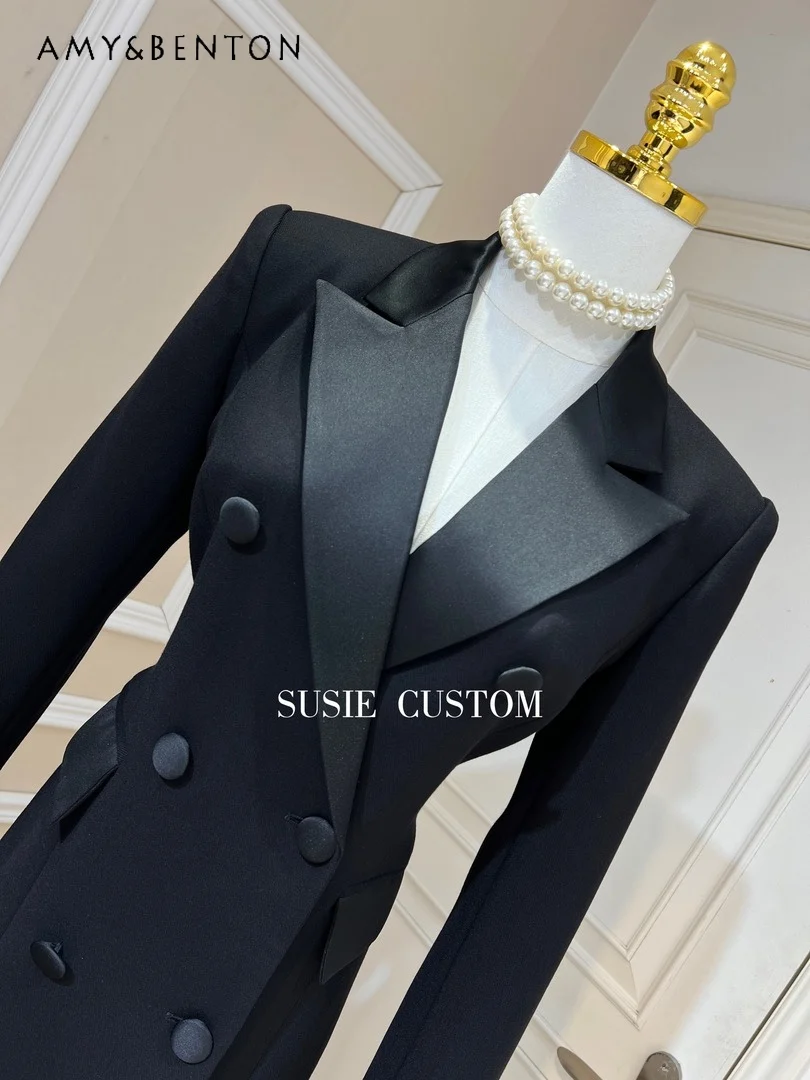 High-End Satin Lapel Double Breasted Slim Mid-Length Suit Jackets for Women Fashionable Split Mid-calf Jacket Professional Suit