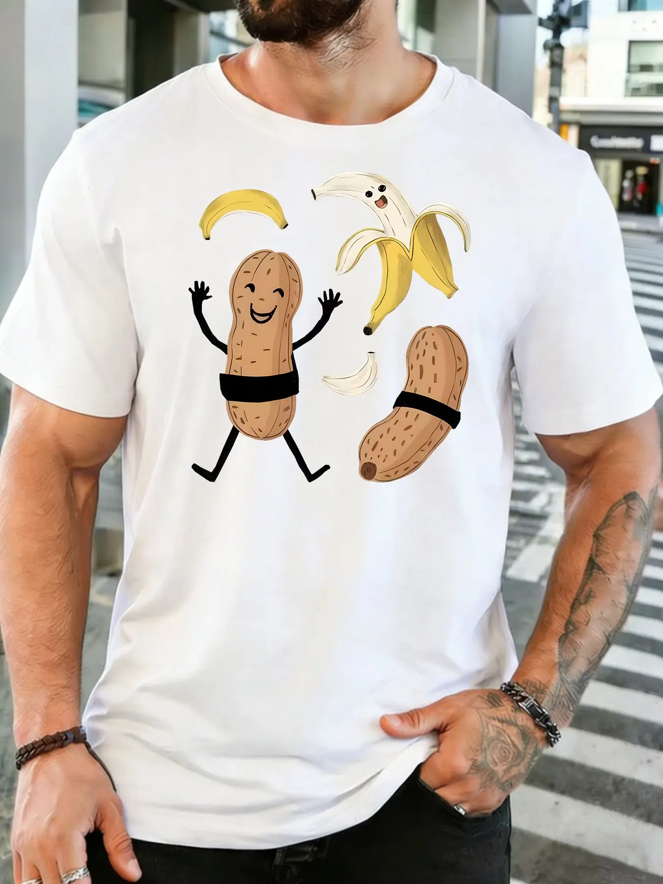 Men Dark Gray Crew Neck Tee Cartoon Sumo Peanuts And Smiling Banana Funny Fruit Nut Humor Cute Comic Print Soft Cotton Casual To