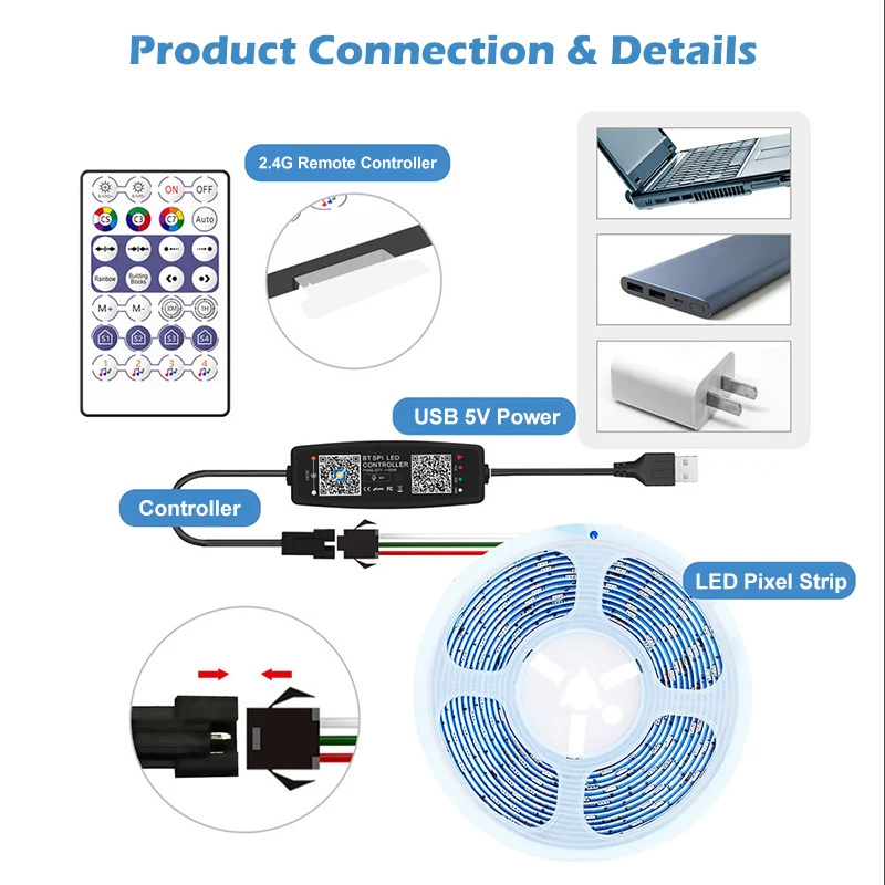 WS2812B Controller Bluetooth Music APP Control for Pixel LED Strip Light SK6812 WS2811 WS2812 Tape Lights USB 5V Remote Control