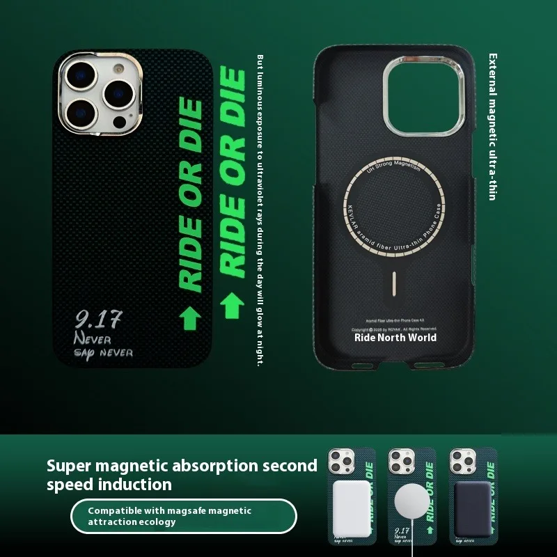 Una fantastica custodia per telefono in fibra di carbonio Kevlar verde con funzione di ricarica magnetica per IPhone 13 14 15 16 Pro MAX